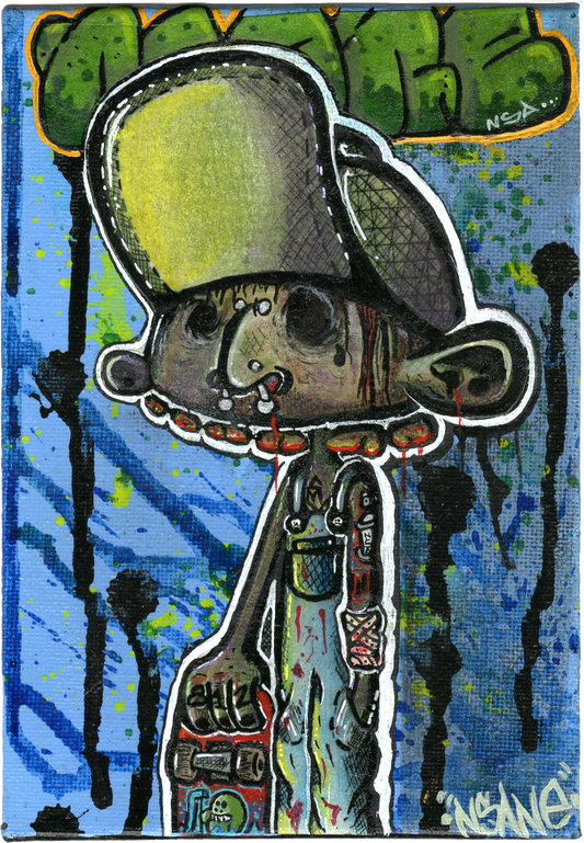Colorful graffiti-style illustration of a stylized character; Cleetus with a hat on a blue background.